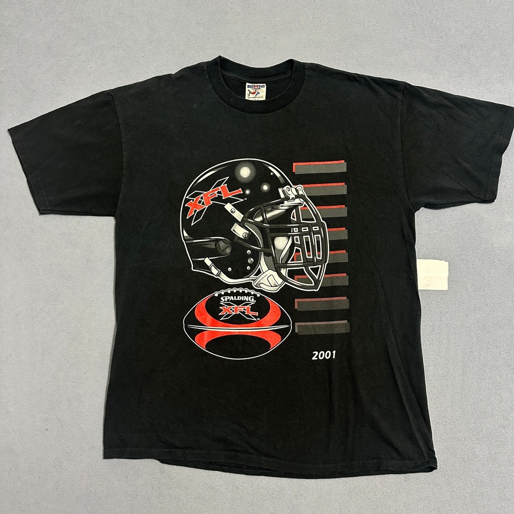 Vintage 2001 XFL Football Jerzees T-Shirt Spalding Graphic Tee Black Mens Large